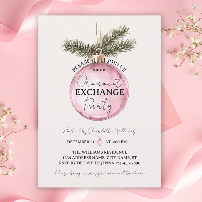 Convite Festa de Troca de Enfeites Rosa de Natal (Pink Ornament Exchange Christmas Party Invitation
)