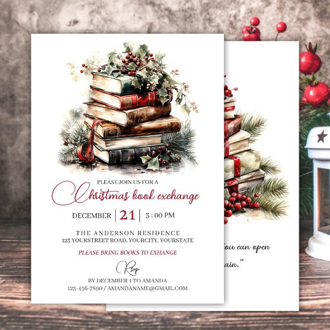 Convite festa de troca de livros de presentes de Natal (Christmas gift book exchange party invitation watercolor book art for book lovers)