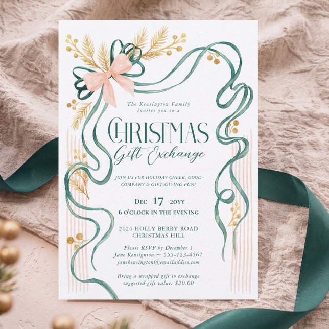 Convite Festa de Troca de Presentes de Natal com Laço Verd (Green Bow Ribbon Christmas Gift Exchange Party Invitation)