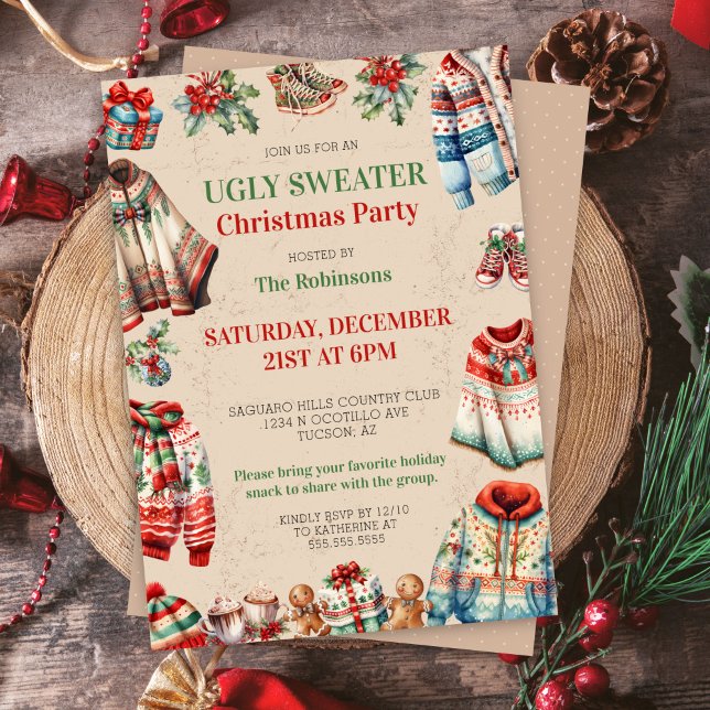 Convite Festa de Troca de Presentes de Natal Fez Feriado (festive ugly sweater party invitation for christmas holiday party with white elephant gift exchange)