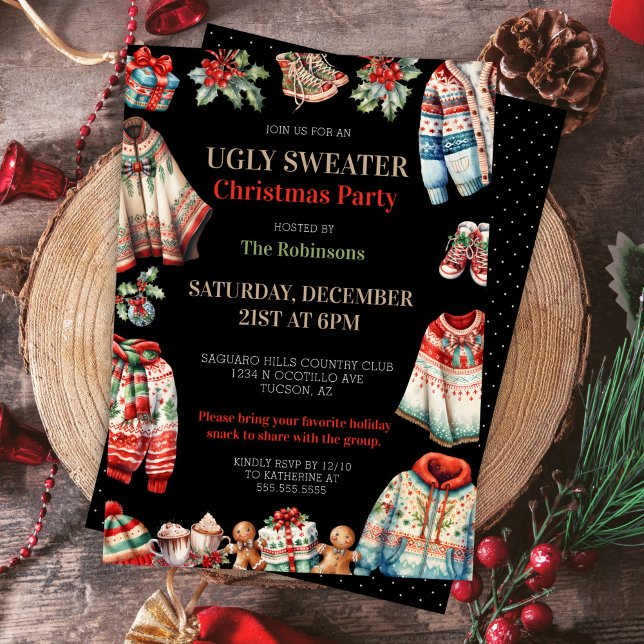 Convite Festa de Troca de Presentes Moderna e Feia de Nata (Modern trendy ugly Christmas sweater gift exchange party invitation for corporate office work party)