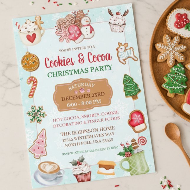 Convite Festa de Trocas de Biscoitos de Natal e Cacau Ador (cute cookies and hot cocoa christmas party exchange invitations)