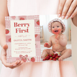 Convite Festa de um ano com laço rosa e foto fofa de Berry