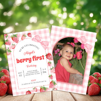 Convite Festa de um ano da Berry com laço rosa e xadrez Fo