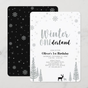 Convite Festa de um ano de idade Silver, Black Winter oned