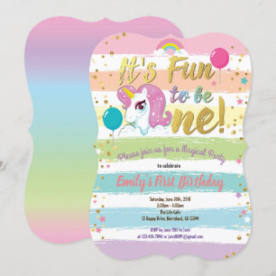Convite Festa de um ano de unicórnio arco-íris pastel