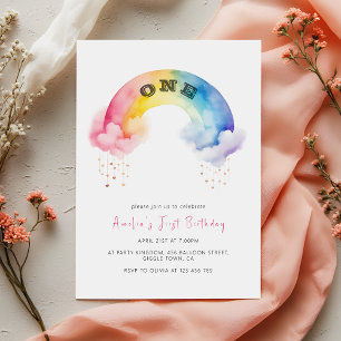 Convite Festa de um ano do bebê Arco-íris em aquarela