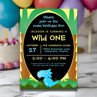 Convite Festa de um ano do Dinossauro Bonito Selvagem