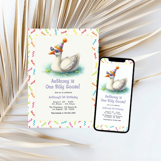 Convite Festa de um ano do ganso bobo (One Silly Goose First Birthday Party Invitation)
