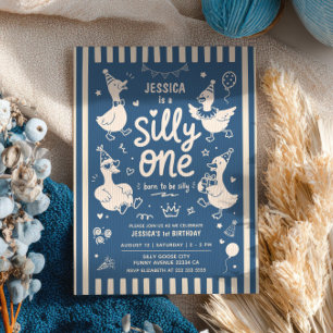 Convite Festa de Um Ano do Menino com um Ganso Azul Bobo