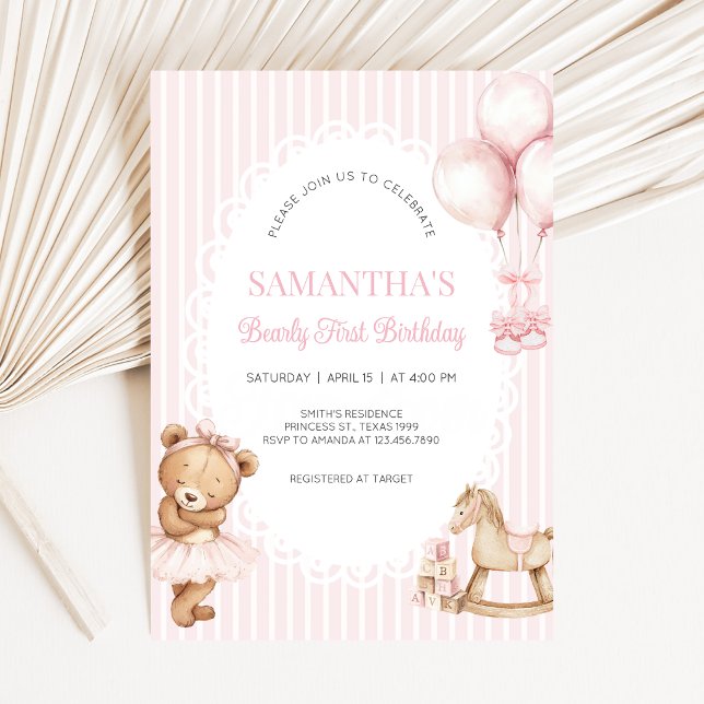 Convite Festa de um ano do ursinho rosa (Bearly First Birthday Invitation)