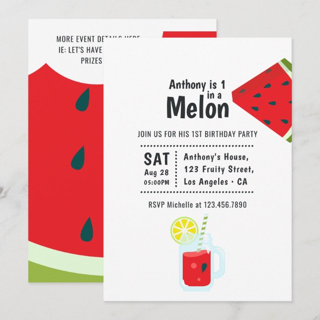 Convite Festa de um ano 'One in a Melon' (Frente/Verso)