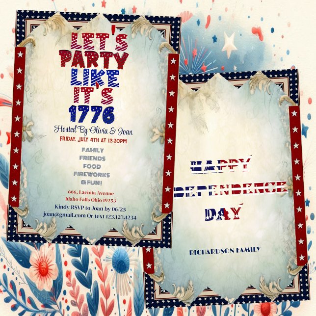 Convite Festa de vamos como se fosse 1776 Chique 4 de julh (Let's Party Like It's 1776 Shabby Chic 4th Of July Invitation)