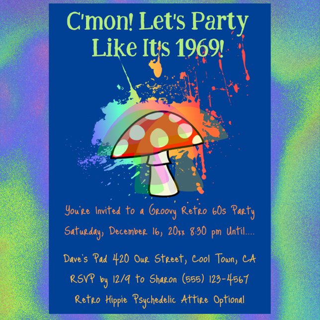 Convite Festa de vamos como se fosse a Festa de 1969 (Let's Party Like It's 1969 Psychedelic Party Invitation)