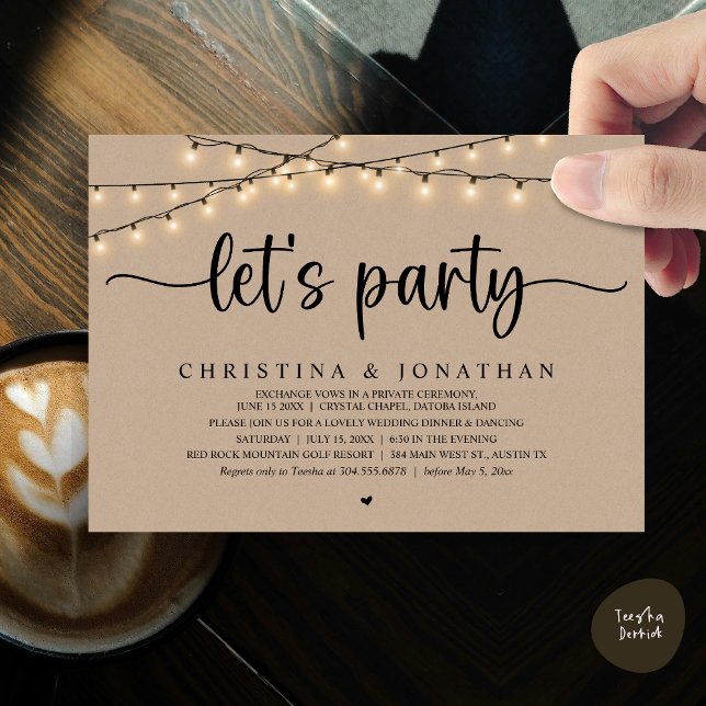 Convite Festa de vamos, Elopemento Janto Russo de Casament (Let's party, Rustic Wedding Dinner Elopement Invitation Card, PDF, String Lights Brown Kraft)