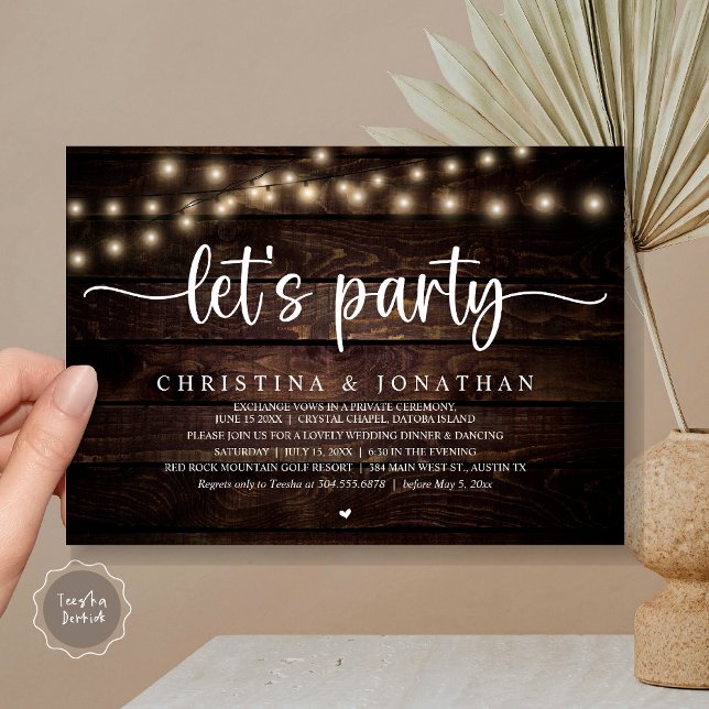 Convite Festa de vamos, Elopemento Janto Russo de Casament (Let's party, Rustic Wedding Dinner Elopement Invitation card, pdf, in cottage dark wood)