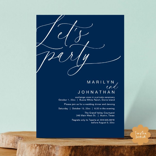 Convite Festa de vamos Feliz Para Sempre Após Janta De Cas (Let's Party Happily Ever After Modern Romantic Wedding Dinner Invitation Card PDF Navy Blue)