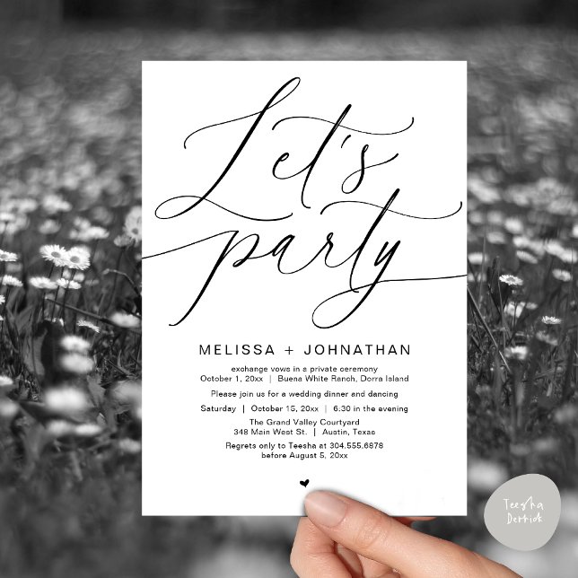 Convite Festa de vamos Feliz Para Sempre Após Janta De Cas (Let's Party Happily Ever After Romantic Modern Wedding Dinner Invitation Card PDF White Black)