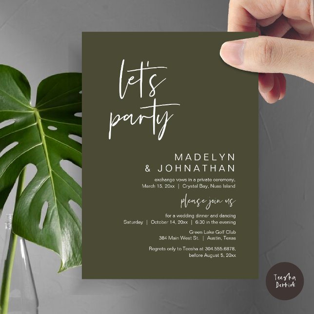 Convite Festa de vamos, Janto de Elopemento de Casamento e (Let's Party, Modern Wedding Elopement Dinner and Dancing Invitation Card, PDF, in Olive Green)
