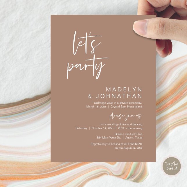 Convite Festa de vamos, Janto de Elopemento de Casamento e (Let's Party, Modern Wedding Elopement Dinner and Dancing Invitation Card, PDF, in Neutral Taupe)