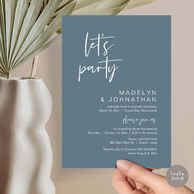 Convite Festa de vamos, Janto de Elopemento de Casamento e (Let's Party, Modern Wedding Elopement Dinner and Dancing Invitation Card, PDF, in Dusty Blue)