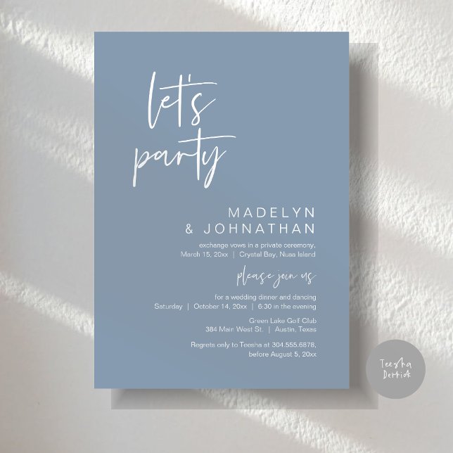 Convite Festa de vamos, Janto de Elopemento de Casamento e (Let's Party, Modern Wedding Elopement Dinner and Dancing Invitation Card, PDF, in Dusty Blue)