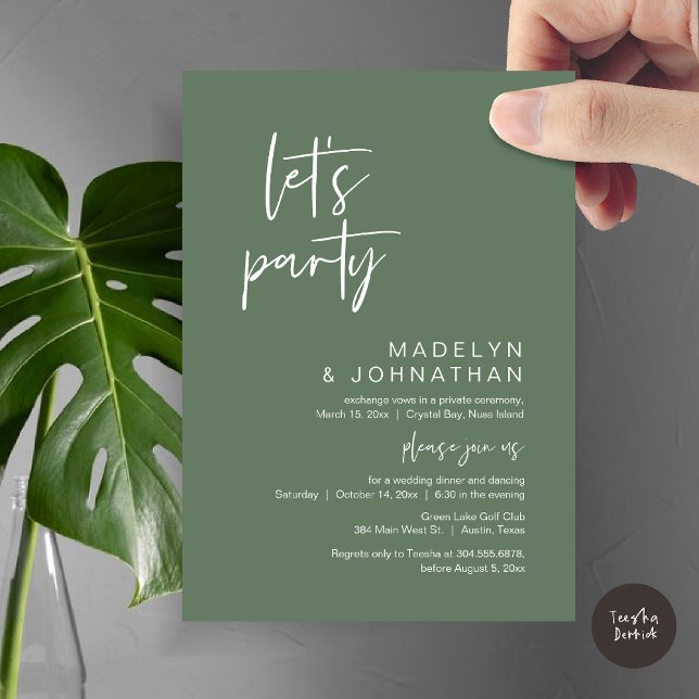 Convite Festa de vamos, Janto de Elopemento de Casamento e (Let's Party, Modern Wedding Elopement Dinner and Dancing Invitation Card, PDF, in Sage Green)