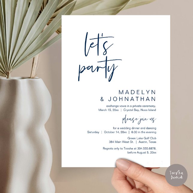 Convite Festa de vamos, Janto de Elopemento de Casamento e (Let's Party, Modern Wedding Elopement Dinner and Dancing Invitation Card, PDF, in Navy Blue)