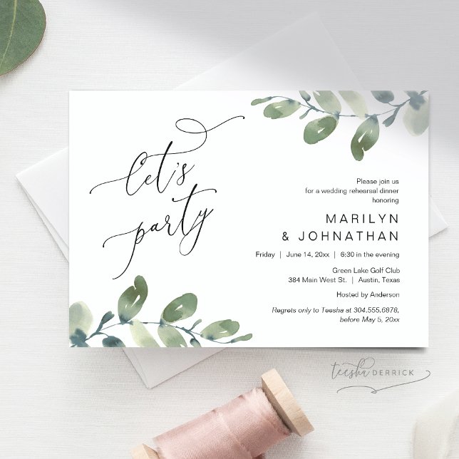 Convite Festa de vamos, Janto de ensaio de casamento, Euca (Let's Party, Romantic Rehearsal Dinner Invitation Card, Greenery Eucalyptus. Digital Downloadable)