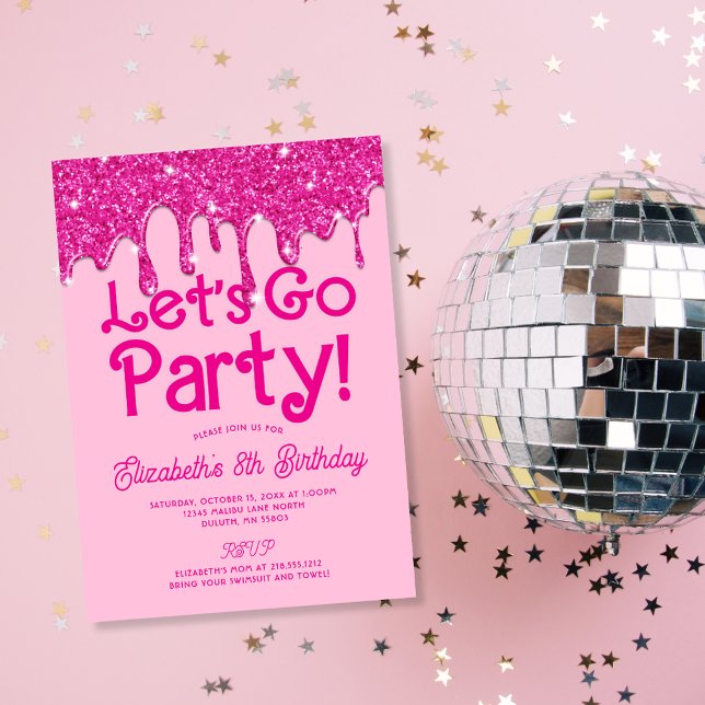 Convite Festa de Vamos Rosa Trendente Ir para Festa Aniver (Trendy Pink Glitter Let's Go Party Birthday Invitation)