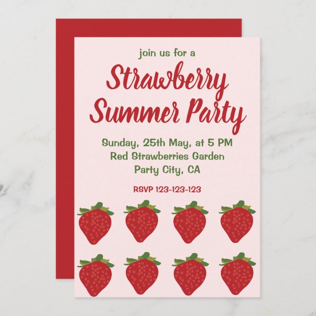 Convite Festa de Verão de Morango Vermelho Fruta de Morang (Frente/Verso)