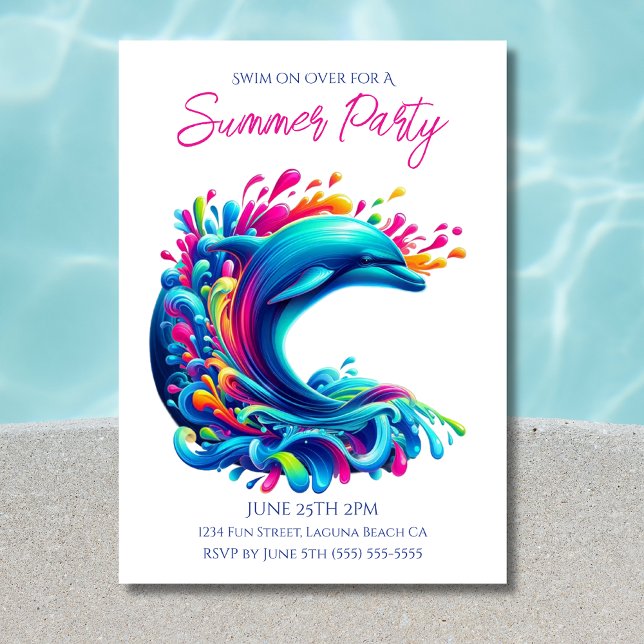 Convite Festa de Verão - Golfinho Colorido (Dolphin-Colorful Dolphin-Summer Party Invitations)