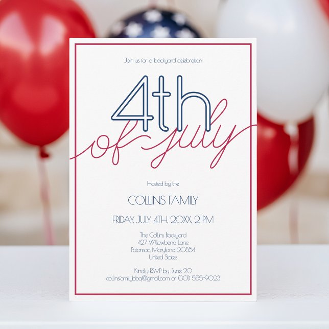 Convite Festa de Verão Moderna Vermelho Branco e Azul do D (Modern Red White and Blue 4th of July Summer Party Invitation)