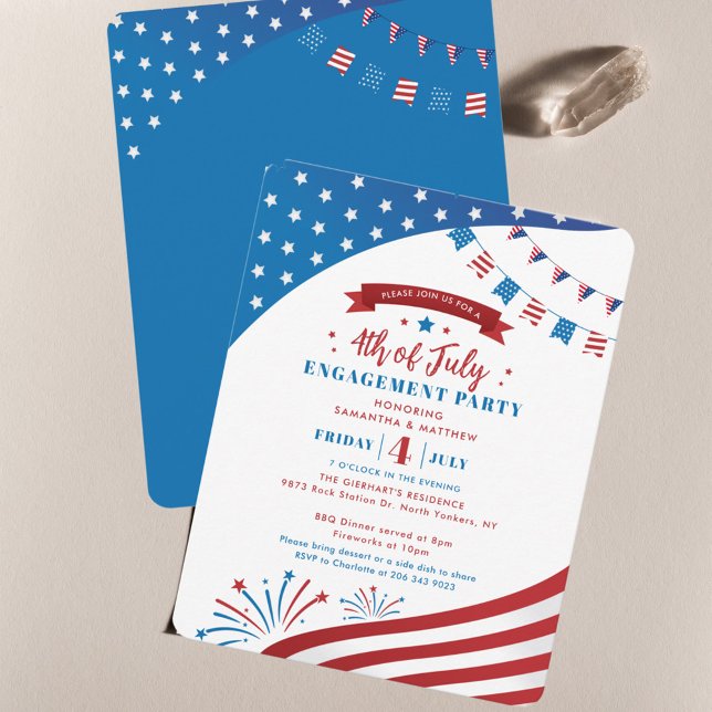 Convite Festa de Verão noivado Vermelho Branco Azul 4 de j (Elegant 4th of July Engagement Party Invitation)