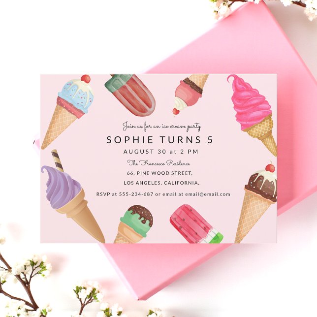 Convite Festa de Verão Rosa Rosa de Aniversário do sorvete (Criador carregado)
