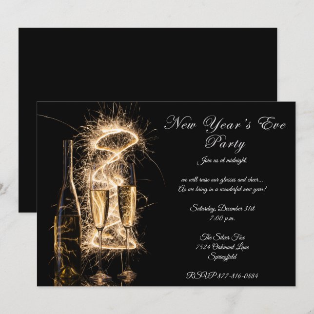 Convite Festa de Véspera de ano novo de Champanhe Brilhant (Frente/Verso)