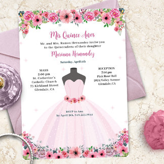 Convite Festa de Vestido de Quinceanera Floral Rosa