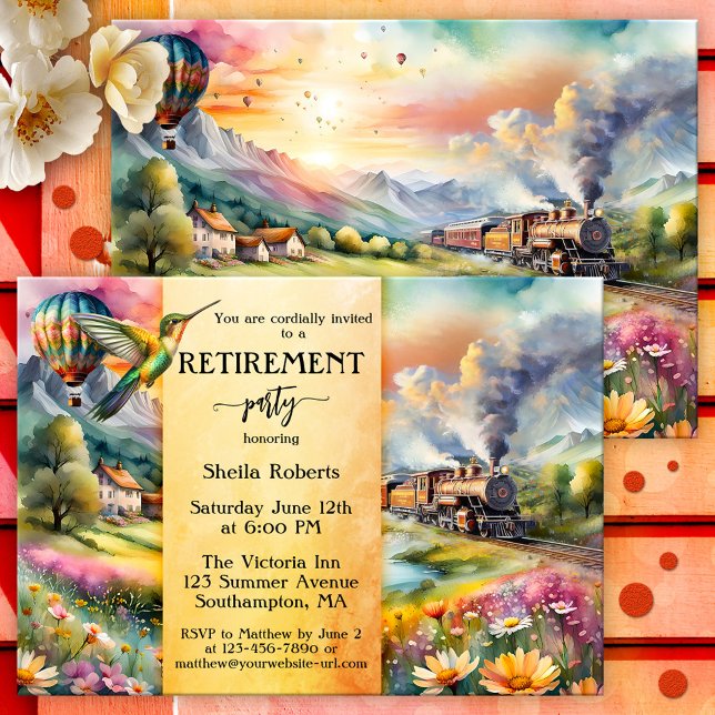 Convite Festa de Viagem de Aposentação da Aquarela do Comb (Retirement invitation showing a watercolor painting of a summer landscape with a vintage steam train)