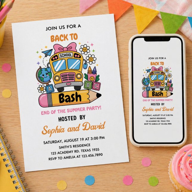 Convite Festa de Volta às Aulas! de 1º aniversário de Summ (School’s Back Bash! of Summer 1st birthday Invitation)