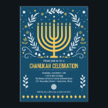 Convite Festa Decorativa de Natal Menorah Hanukkah<br><div class="desc">Façam Chanukah especial e comemorem com a família e amigos com este convite de festas decorativo de Chanukah. Uma menorah dourada é cercada por folhas,  estrelas e espirais contra um rico fundo azul. Disponível com produtos correspondentes.</div>