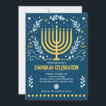 Convite Festa Decorativa de Natal Menorah Hanukkah<br><div class="desc">Façam Chanukah especial e comemorem com a família e amigos com este convite de festas decorativo de Chanukah. Uma menorah dourada é cercada por folhas,  estrelas e espirais contra um rico fundo azul. Disponível com produtos correspondentes.</div>