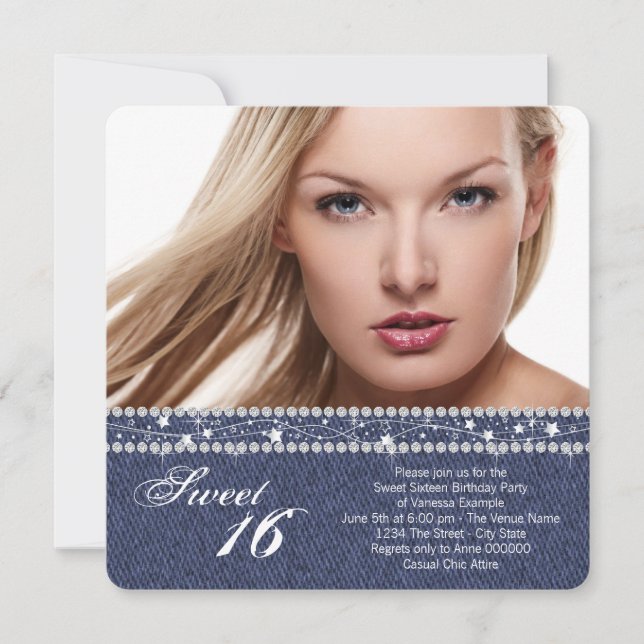 Convite Festa Denim e Diamante Sweet Sixteen (Frente)
