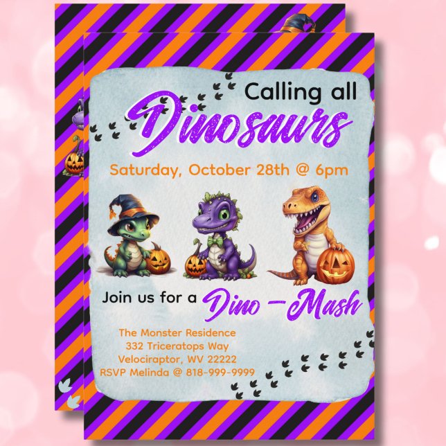 Convite Festa Dino-Mash do Dinossaur do Halloween (Purple & Orange Diagonal Stripe Dinosaur Halloween Dino-Mash Party Invitation)