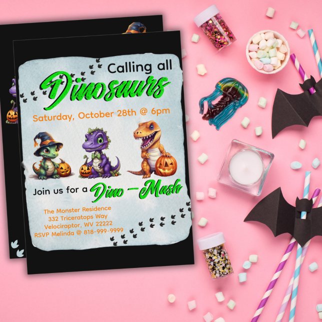 Convite Festa Dino-Mash do Dinossaur do Halloween (Dinosaur Halloween Dino-Mash Invitation for Party)
