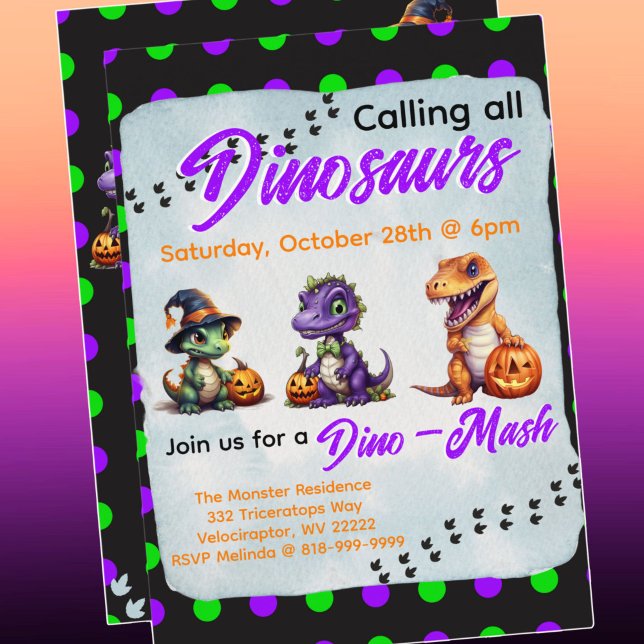 Convite Festa Dino-Mash do Dinossaur do Halloween (Halloween Dinosaur Dino-Mash Party Invitation with purple font)