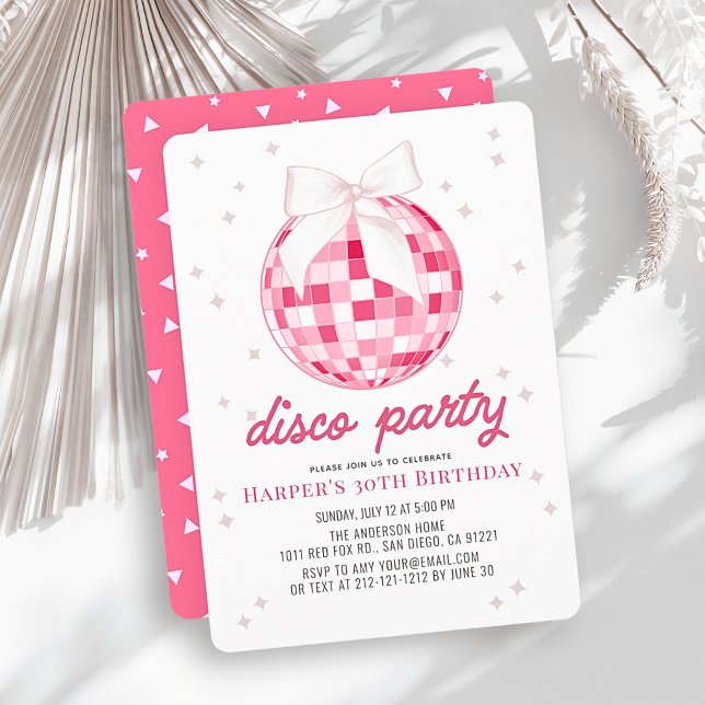 Convite Festa Disco Bola de Disco Rosa Laço Aniversário (Criador carregado)