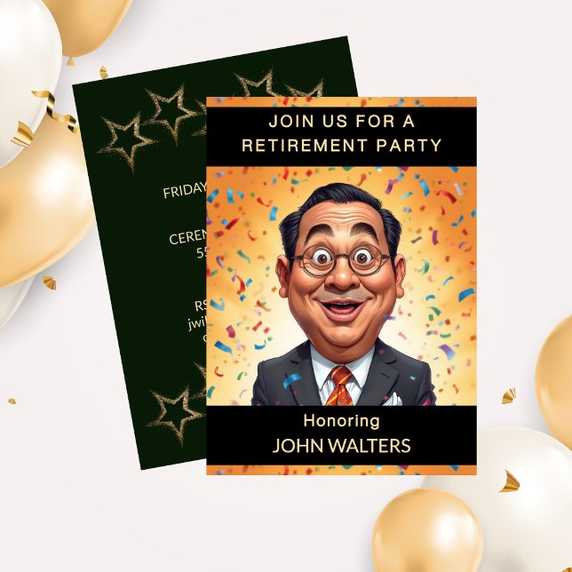 Convite Festa Divertida de Aposentadoria de Colega de Trab (Funny Retirement Party Caricature Business Man Invitation)
