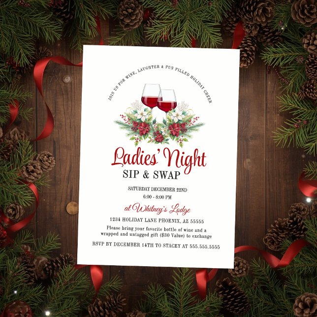 Convite Festa Divertida de Natal com Bebidas e Troca de Pr (Elegant and festive ladies' night sip and swap gift exchange invitation for wine cocktail event)