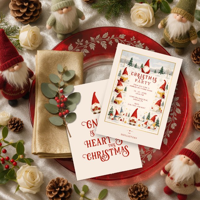 Convite Festa Divertida de Natal com Gnome TMF26 (Whimsical Christmas Gnome Christmas Party Invitation with Faux Gold Effect Frame.)