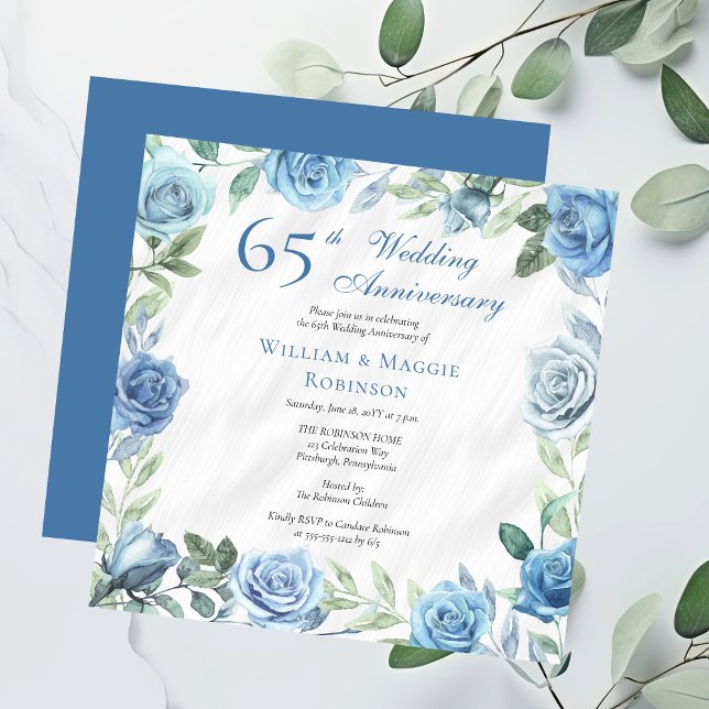 Convite Festa do 65º aniversário do Casamento do Elegante  (Elegant Blue and White with Sage Green Floral Frame Square 65th Wedding Anniversary Party Invitation)